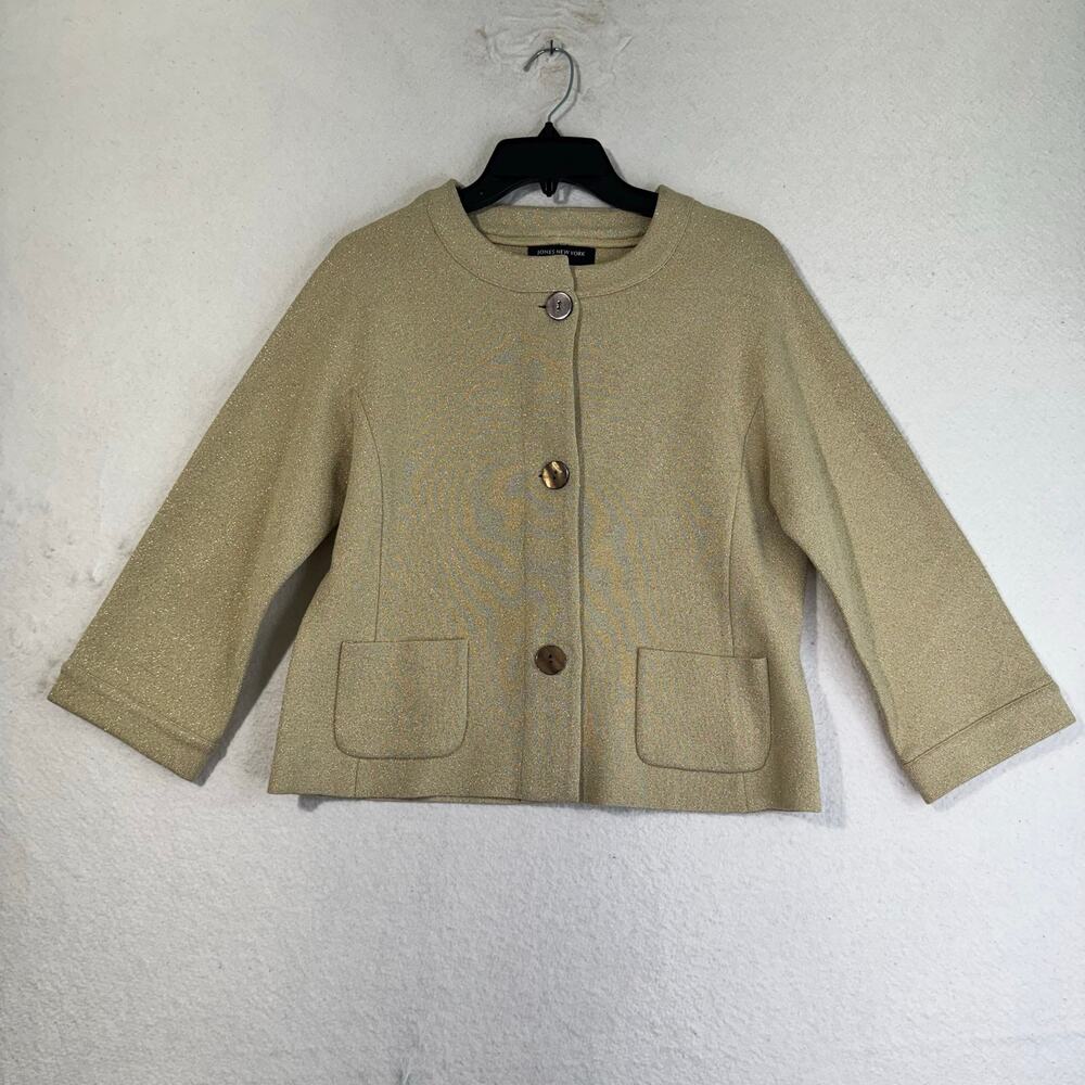 Jones New York Gold Metallic Tinsel Glitter 3-Button Cardigan Blazer Jacket Med